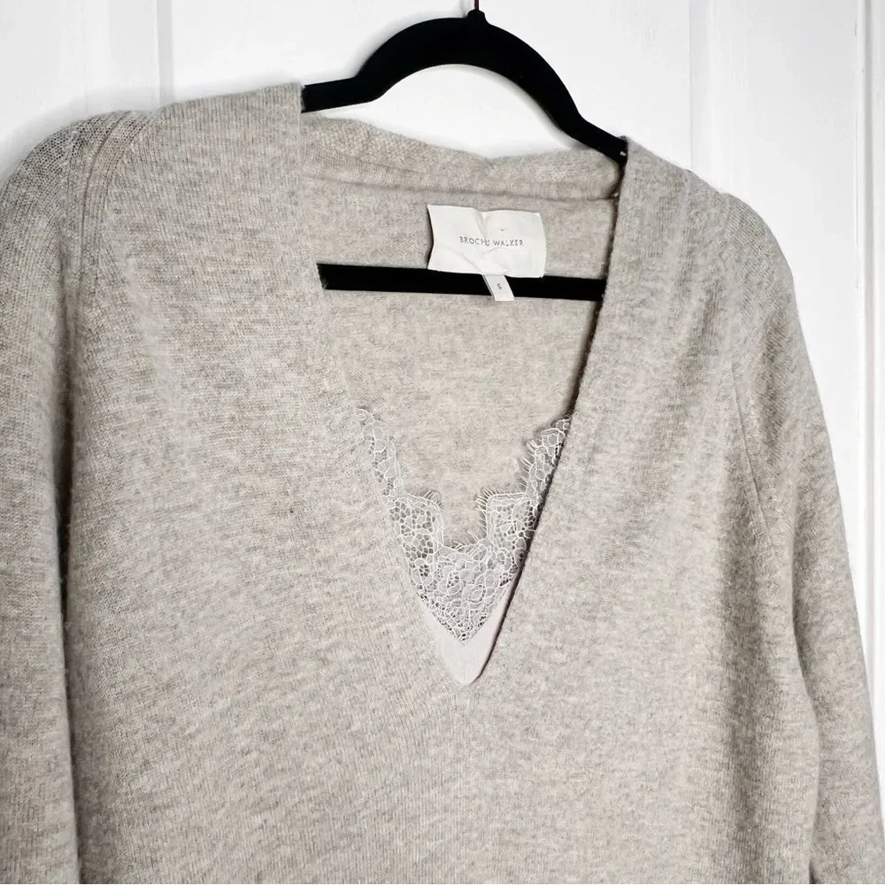 Brochu Walker The Lace Vee Looker Pullover Sweater Cashmere Wool Size S Grey - Picture 7 of 11